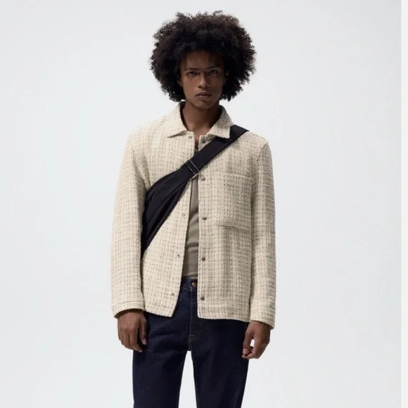 Zara Textured Cream Tweed Long Sleeve Overshirt/Jacket “Shacket” Size M - Picture 2 of 16